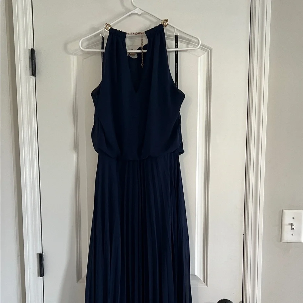 Bisou Bisou Navy Pleated Halter Maxi Dress with Chain Accent - Picture 9 of 10